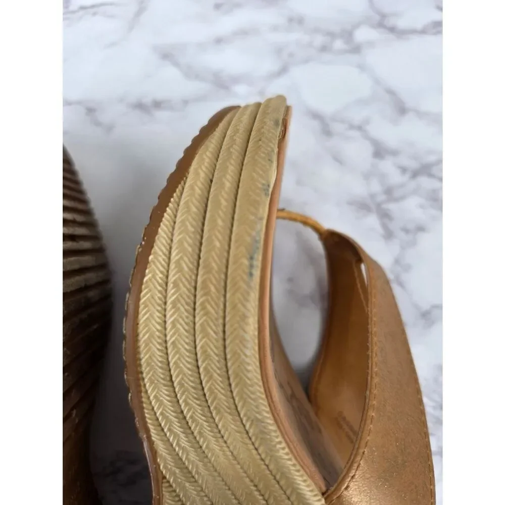 Y2K Vintage Wedge Platform Thong Sandals in Tan Leather Sttraps